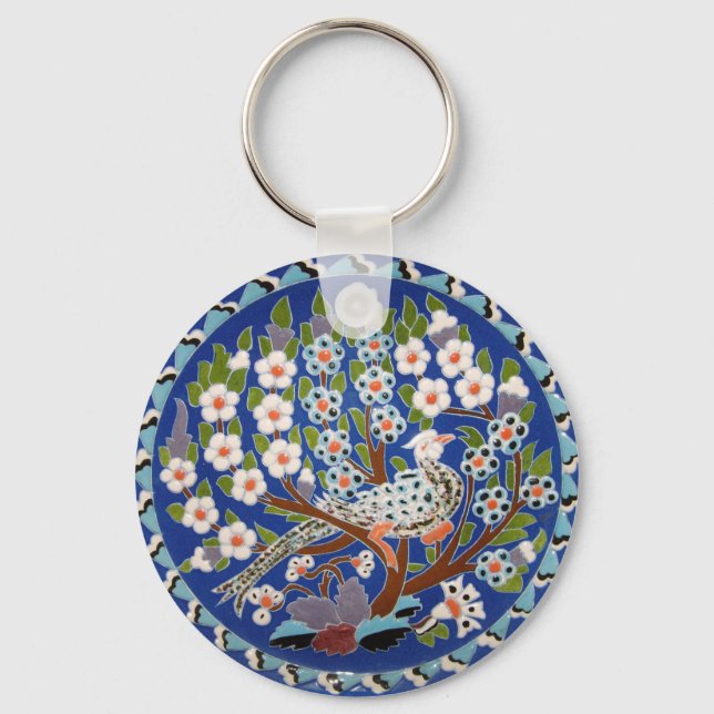 Floral Peacock Tile Art Keychain (Front)