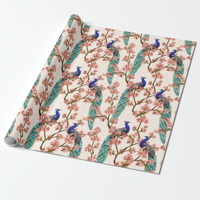 Floral Peacock Wrapping Paper (Unrolled)