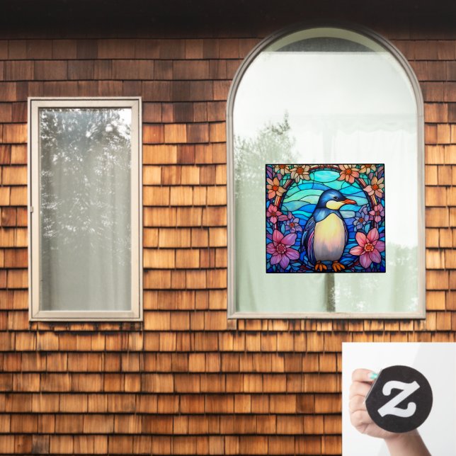 Floral Penguin Bird Colourful Faux Stained Glass Window Cling (Home Window)