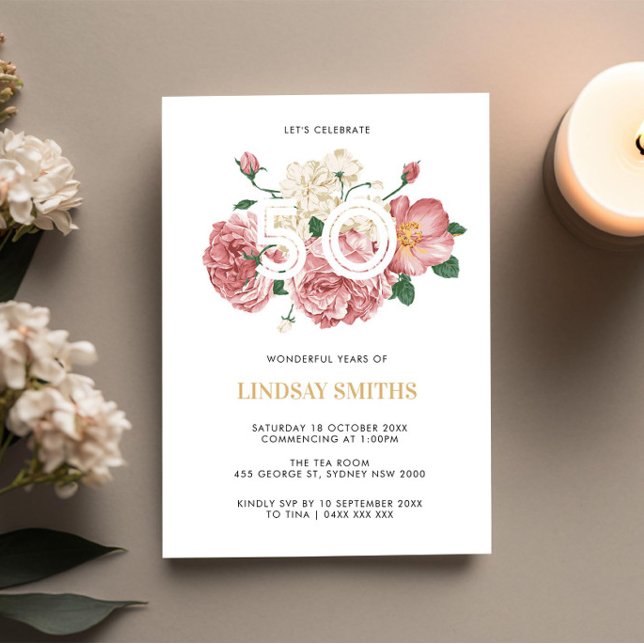 Floral Peonies and Roses 50th birthday invitation (Creator Uploaded)
