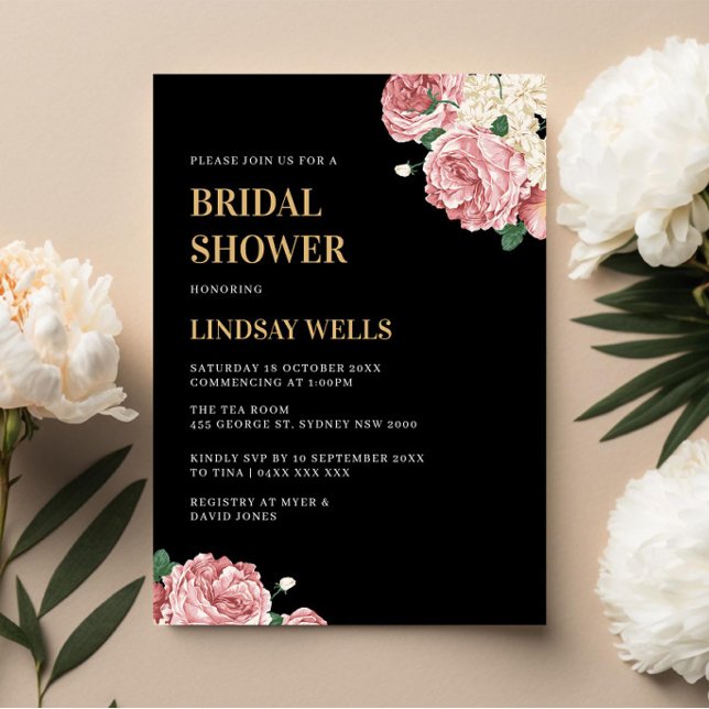 Floral Peonies and Roses on Black Bridal Shower Invitation (Creator Uploaded)