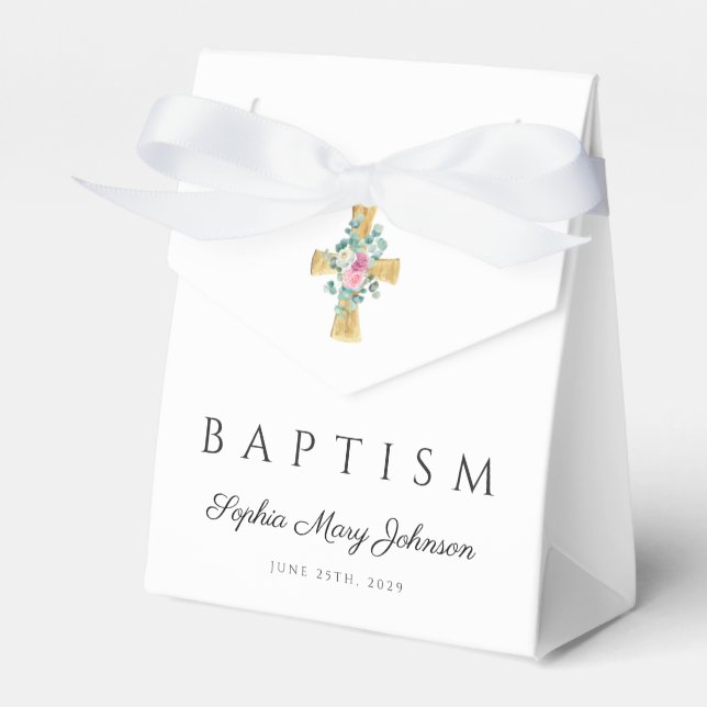 Floral Peonies Cross Baptism  Favor Box (Front Side)