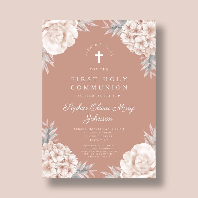Floral Peonies Cross Religious Holy Communion Invitation (Floral Peonies Cross Religious Holy Communion Invitation)
