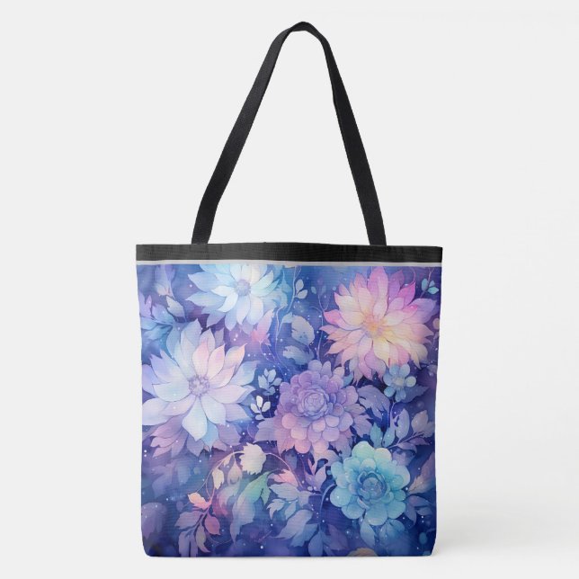 Floral Peonies multi Blue Print Tote Bag (Front)