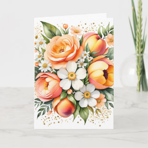 Floral Peonies Poppies Peach Colour Greeting Card