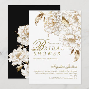 Floral Peonies White Golden Elegant Bridal Shower Invitation