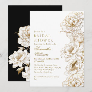Floral Peonies White Golden Elegant Bridal Shower Invitation