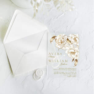 Floral Peonies White Golden Elegant Wedding Acrylic Invitations