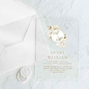 Floral Peonies White Golden Monogram Wedding Acrylic Invitations