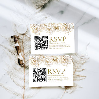 Floral Peonies White Golden QR Code Wedding RSVP Card