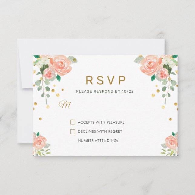 Floral Peony and Gold Confetti Classy Elegant Chic RSVP Card (Front)