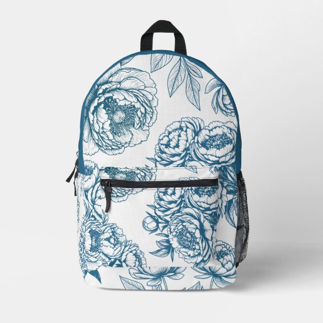 Floral Peony Blue Printed Backpack (Front)
