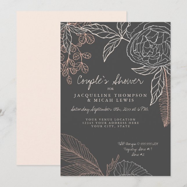 Floral Peony Leaf Line Art Charcoal Couples Shower Invitation (Front/Back)