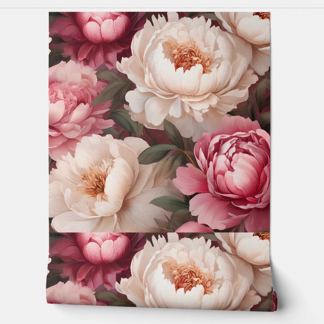 Floral Peony Pink and White Tapestry Wallpaper (Unrolling)