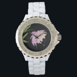 *~* Floral Peony Watercolor Lavender Pink Popular Watch<br><div class="desc">* Lavender and pink peony popping on a black background. The design is an impressive watercolor peony flower gracing the face of this women's watch. * The face of this watch is surrounded by diamond-like rhinestones giving this watch a bling and glam sparkle. Loving this popular modern purple and magenta...</div>