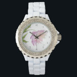 *~* Floral Peony Watercolor Pink Lavender Popular Watch<br><div class="desc">* A Lovely Lavender and pink on a glowing white background. This design is an impressive very pretty watercolor peony flower gracing the face of this women's watch. * The strap is white and made of hard sturdy enamel. There are sparkling rhinestones give this watch a look of glitter glam...</div>