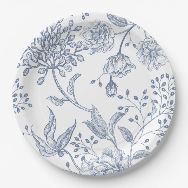 Floral Periwinkle Blue Elegant Wedding Shower Paper Plate (Front)