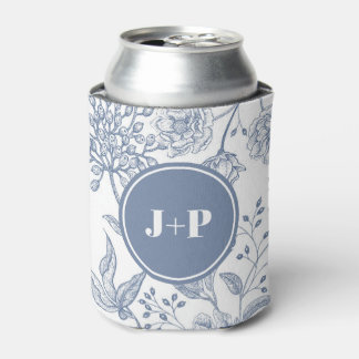 Floral Periwinkle Blue Monogram Wedding Can Cooler