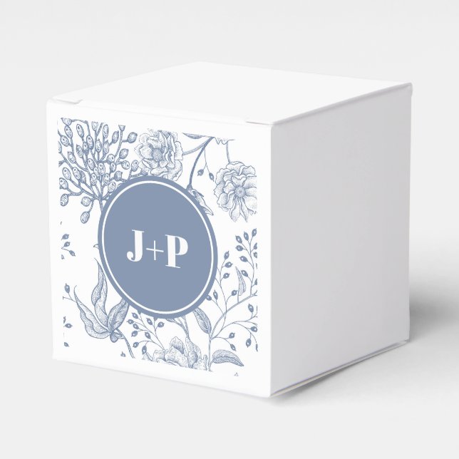 Floral Periwinkle Blue Monogram Wedding Favor Box (Front Side)