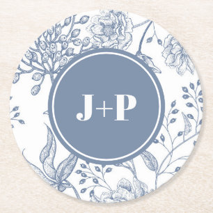 Floral Periwinkle Blue Monogram Wedding Round Paper Coaster