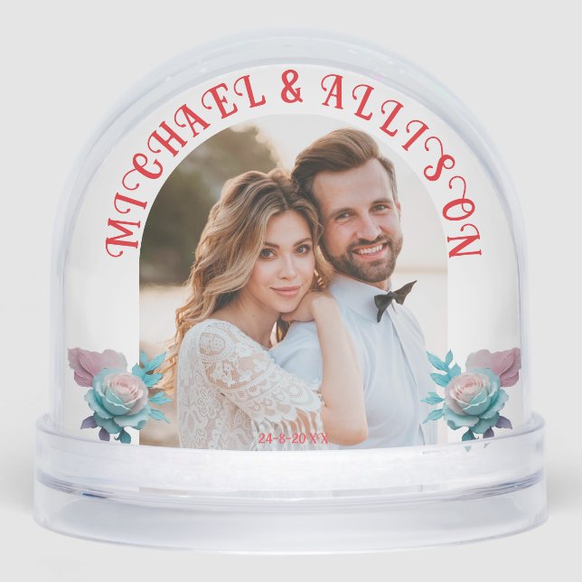 Floral Personalized 2 Photo Wedding Keepsake Snowglobe (Front)