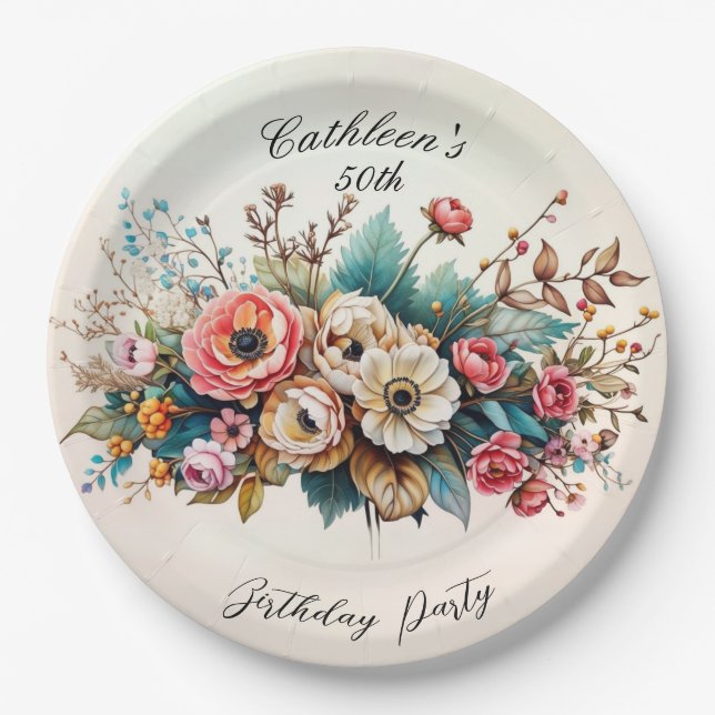 Floral Personalized Birthday Party Plate (Front)