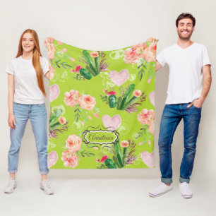 Floral Personalized Cactus Green Fleece Blanket