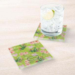 Floral Personalized Cactus watercolor Glass Coaster