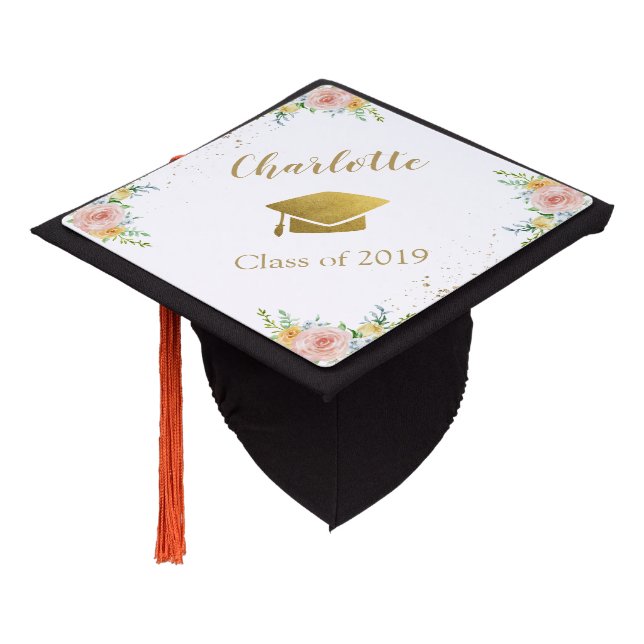 Floral personalized graduation cap topper gold (Angled)