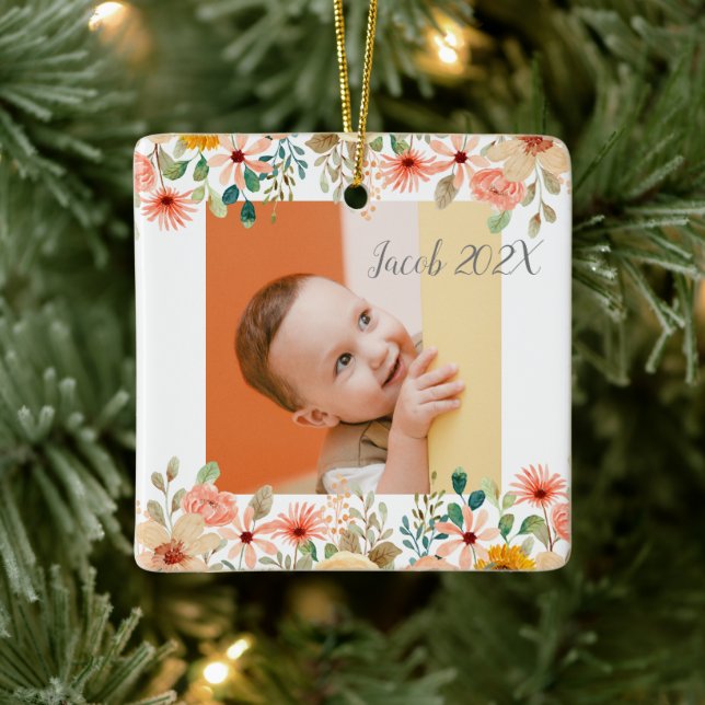 Floral Personalized Grandparents Grandchild Photo Ceramic Ornament (Tree)