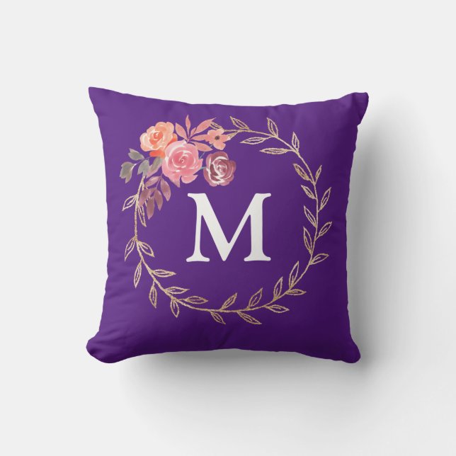 Floral Personalized Monogram Throw Pillow (Front)