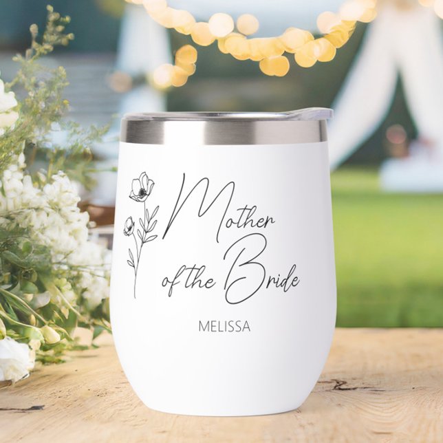 Floral Personalized Mother of the Bride Groom  (mother of the bride gift,wine tumbler with name,wildflower floral stemless wine glass,wedding bridal)