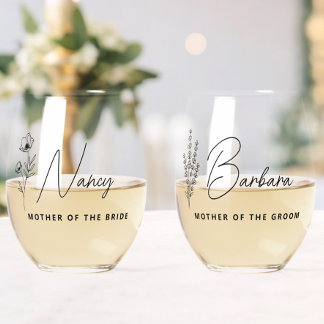 Floral Personalized Mother of the Bride Groom Stemless Wine Glass