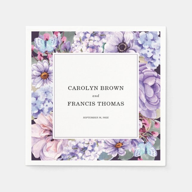 Floral Personalized Purple Watercolor Wedding Napkin (Front)