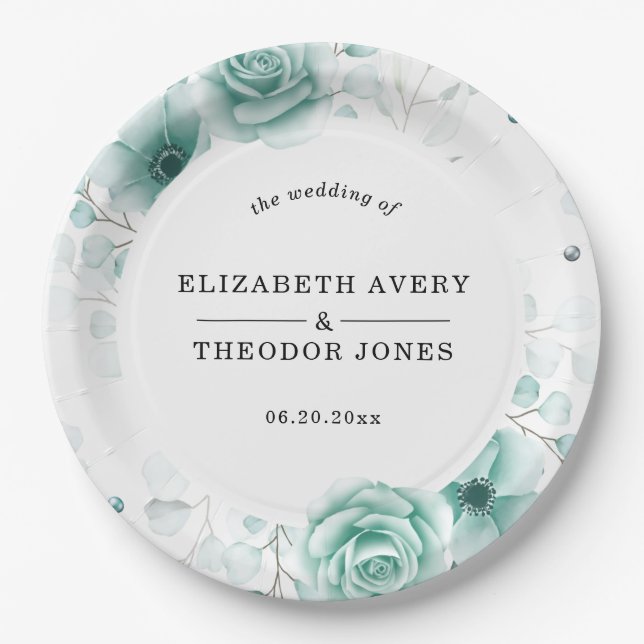 Floral Personalized sage greens Wedding Napkins Paper Plate (Front)