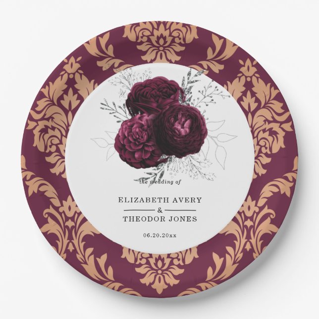 Floral Personalized  Wedding Burgundy Napkins Paper Plate (Front)