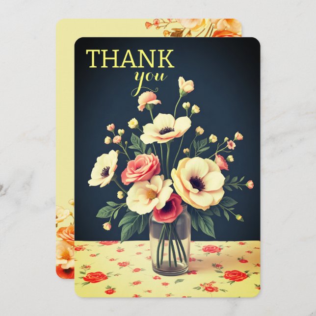 Floral Personalized Yellow Flat Thank You Card (Front/Back)