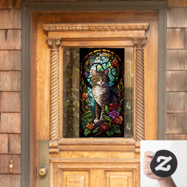 Floral Pet Cat Flowers Faux Stained Glass Home Window Cling (Home Door)