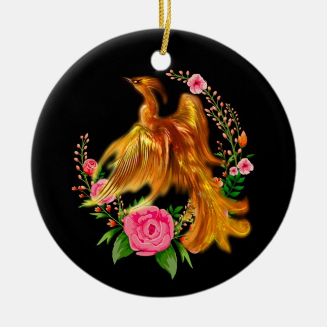 Floral Phoenix Rises From The Fiery Ashes Fantasy  Ceramic Ornament (Front)