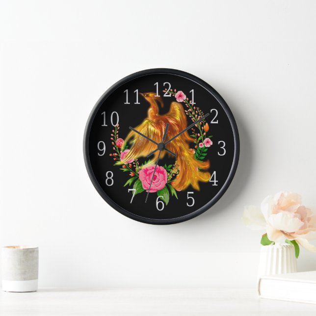 Floral Phoenix Rises From The Fiery Ashes Fantasy Clock (Home)