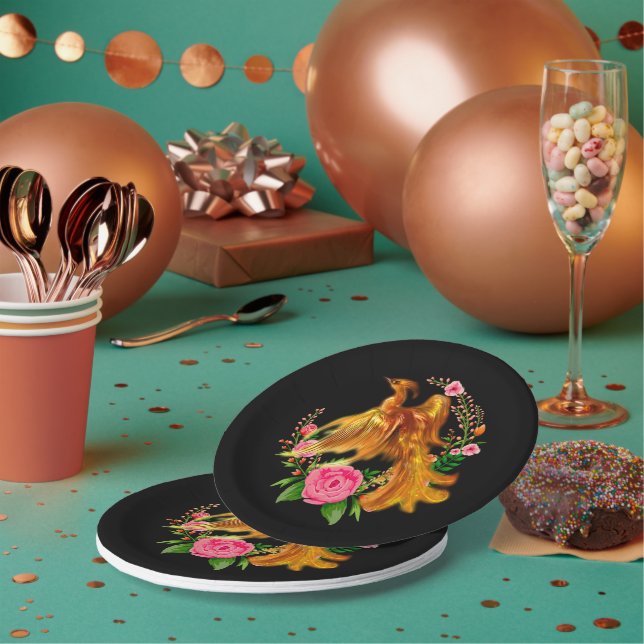 Floral Phoenix Rises From The Fiery Ashes Fantasy  Paper Plate (Multi)
