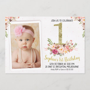 Floral Photo 1st Birthday Party Invitation
