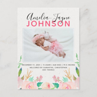Floral Photo Birth Announcement Postcard