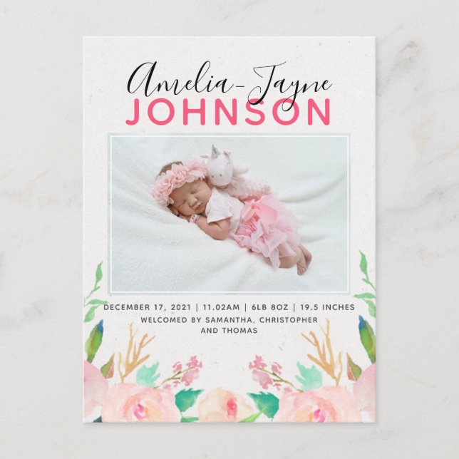 Floral Photo Birth Announcement Postcard (Front)