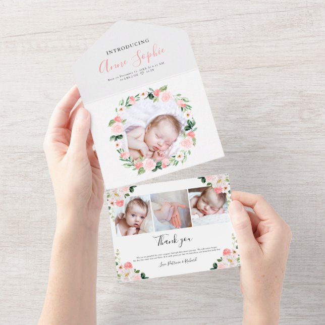 Floral Photo Birth Announcement & Thank You Card (Tearaway)