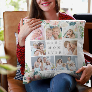 Floral Photo Collage BEST MOM EVER Custom Text Throw Pillow