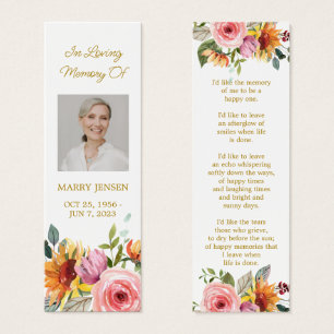 Floral Photo Funeral Memorial Bookmark