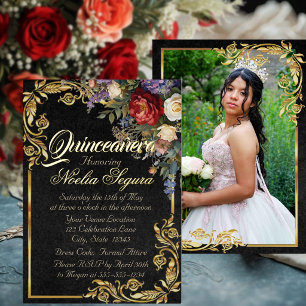 Floral, Photo & Gold Frame - Black Quinceanera 