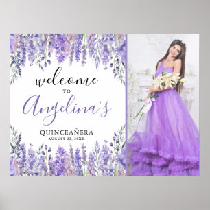 Floral Photo Purple Quinceanera Welcome Sign