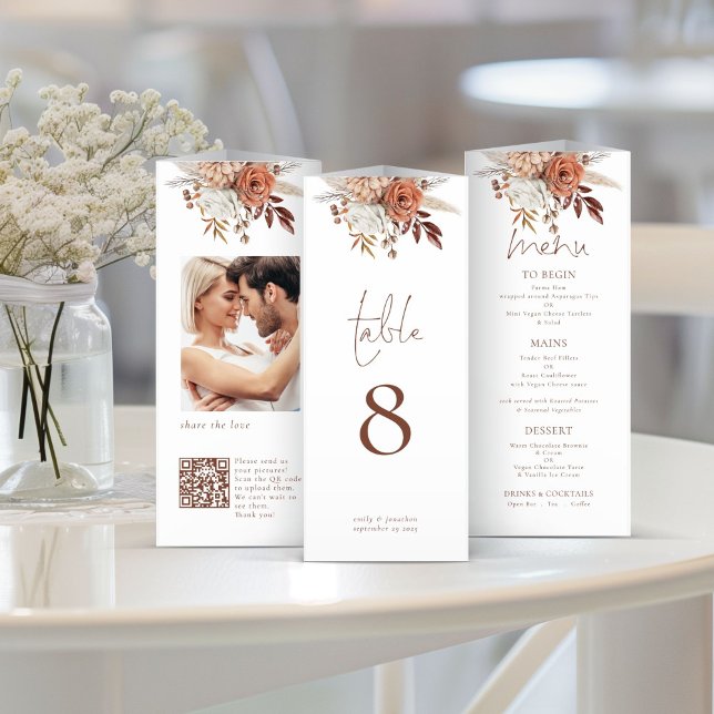 Floral Photo QR Triple Mariage Menu Table No (Créateur téléchargé)
